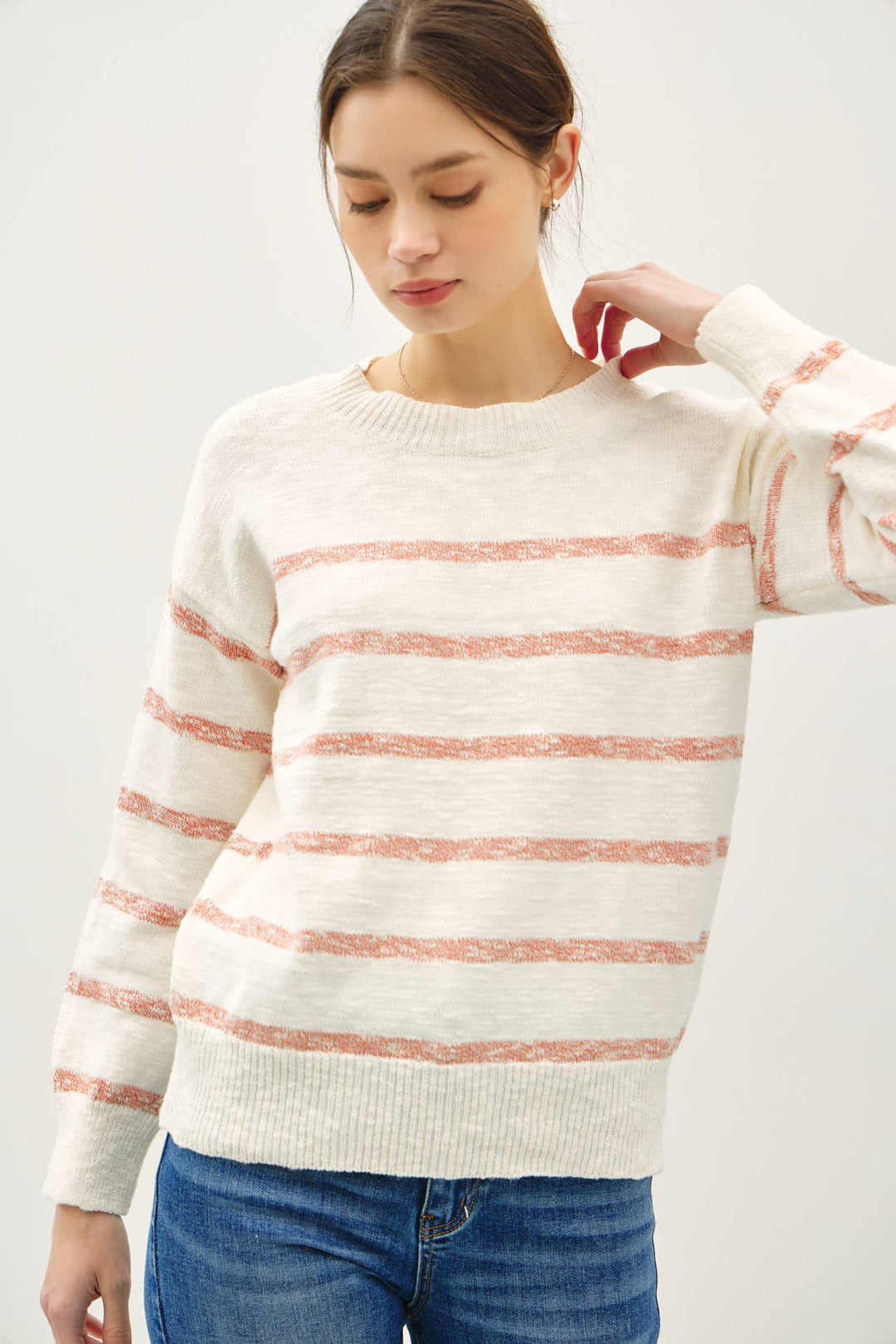 Women's Sweaters - HEATHER STRIPED LONG SLEEVE SWEATER - Coral - Cultured Cloths Apparel