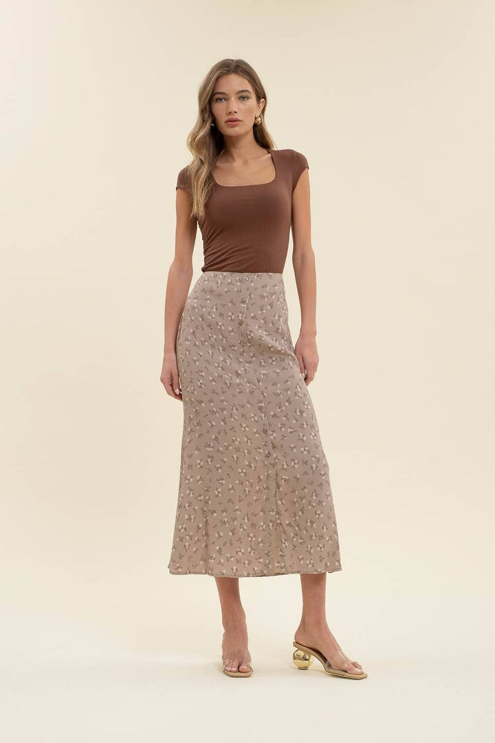 Women's Skirts - FLORAL BUTTON FRONT SPLIT HEM MIDI SKIRT - LIGHT MOCHA - Cultured Cloths Apparel