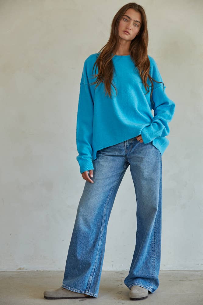 Women's Sweaters - Knit Sweater Ribbed Detailed Crew Neck Pullover - Aqua Blue - Cultured Cloths Apparel