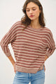 Women's Sweaters - LIGHT STRIPED WAFFLE KNIT DOLMAN SLEEVE SWEATER - Terracotta - Cultured Cloths Apparel