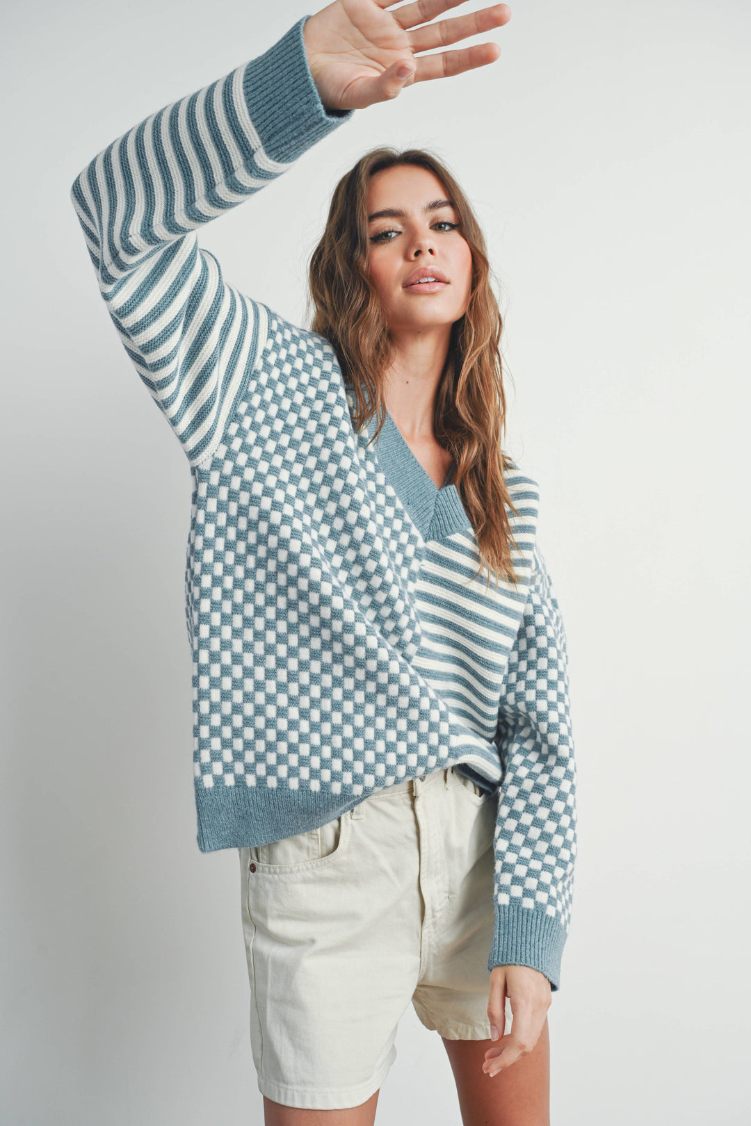 Women's Sweaters - FRENCHY CHECKER PATTERN DROP SHOULDER SWEATER - - Cultured Cloths Apparel