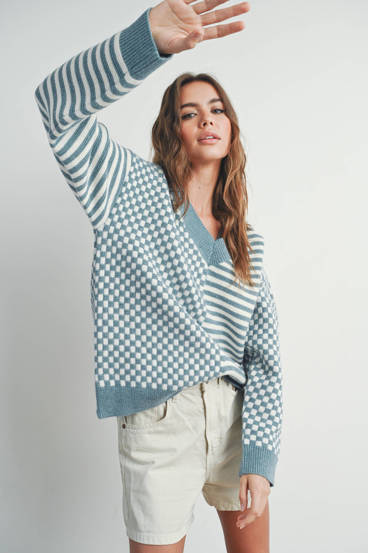 Women's Sweaters - FRENCHY CHECKER PATTERN DROP SHOULDER SWEATER - - Cultured Cloths Apparel