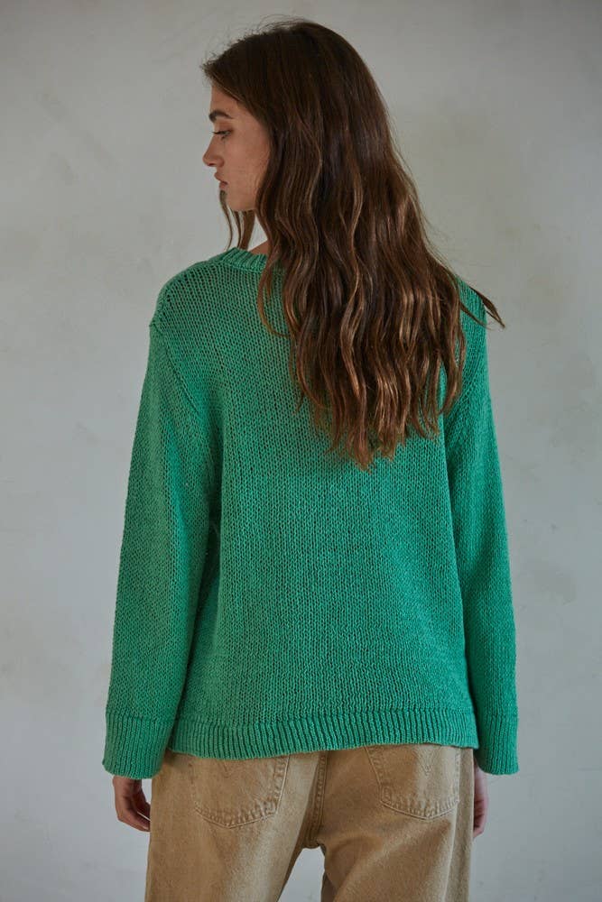 Women's Sweaters - Knit Cotton Crew Neck Long Sleeve Sweater Top - Green - Cultured Cloths Apparel