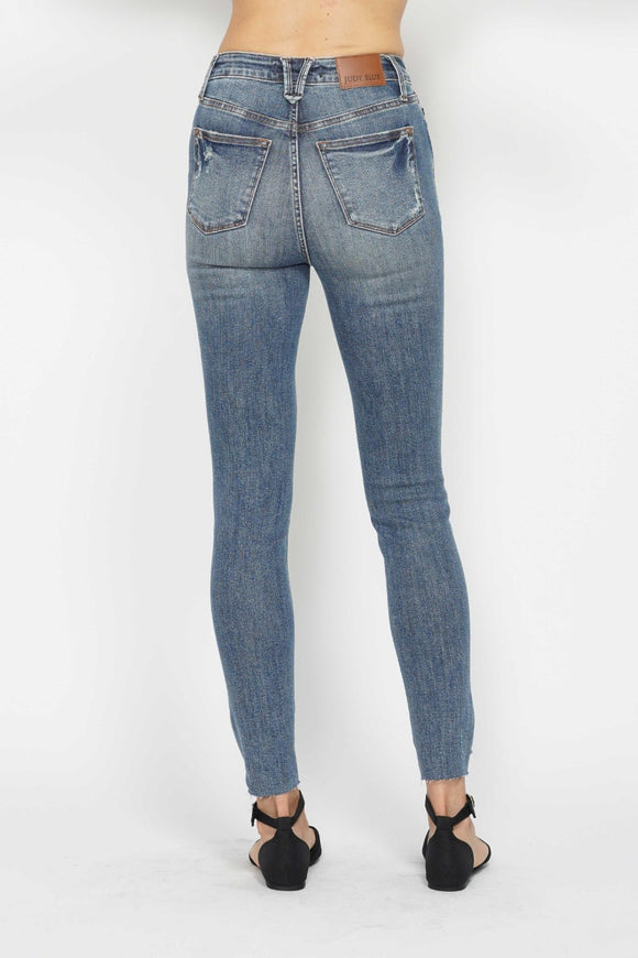 Denim - Judy Blue Full Size Tummy Control Vintage Wash Hem Destroy Skinny Jeans -  - Cultured Cloths Apparel