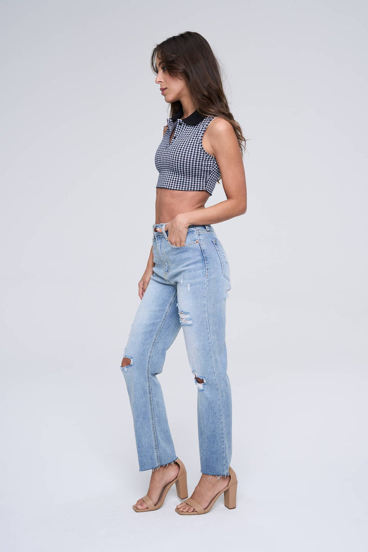 Denim - HIGH RISE STRAIGHT JEANS WITH STRETCH AND RIPS -  - Cultured Cloths Apparel