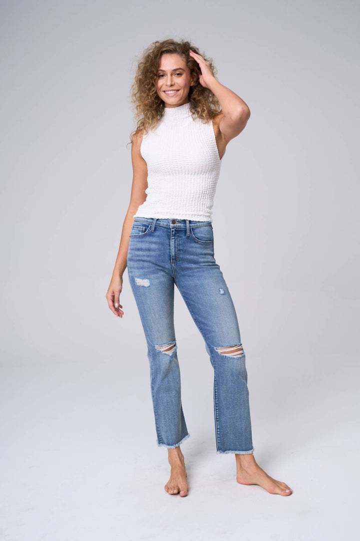 Denim - HIGH RISE STRAIGHT LEG ANKLE JEANS WITH FRAY HEM -  - Cultured Cloths Apparel