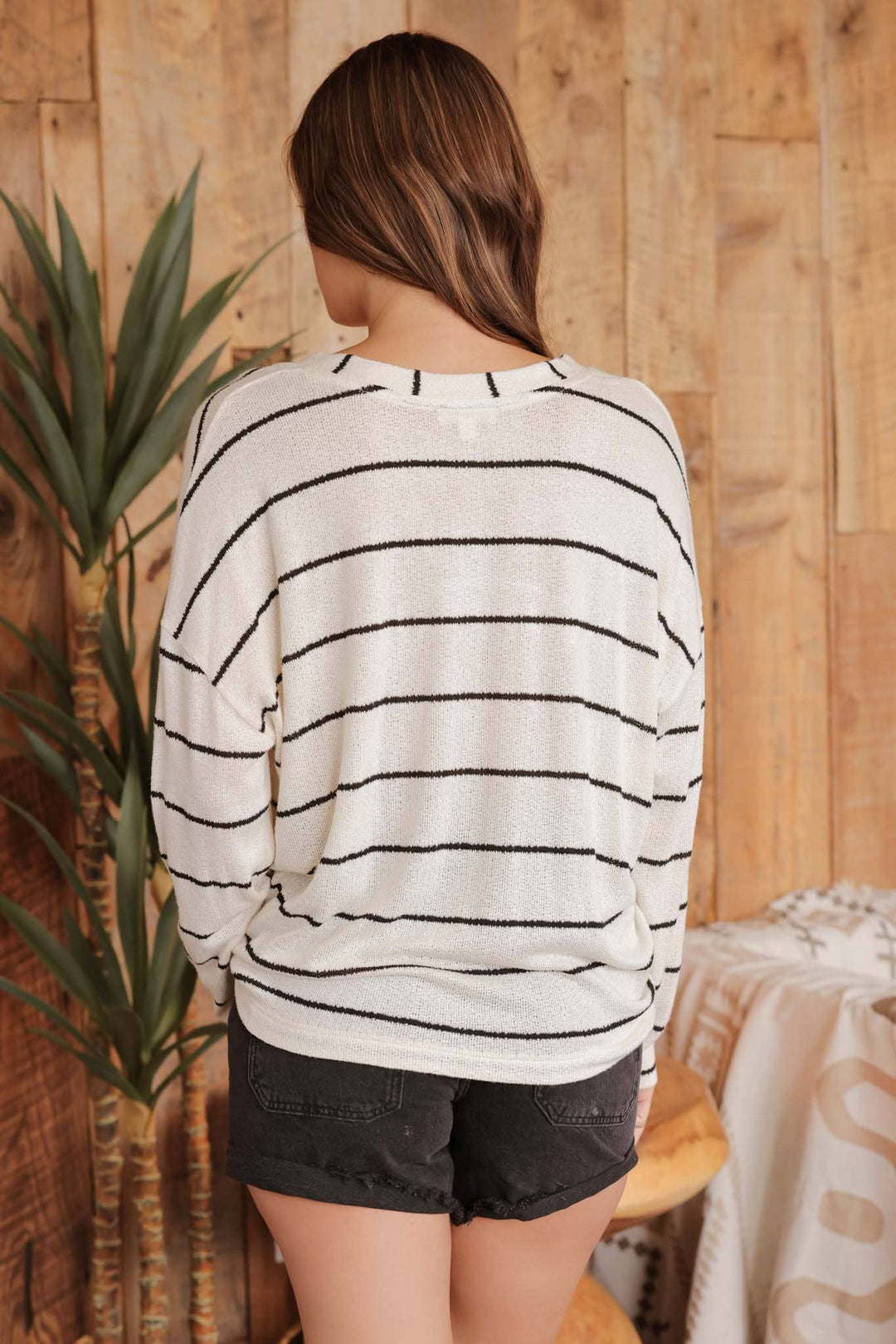 Women's Long Sleeve - STRIPE V NECK DROP SHOULDER LONG SLEEVE KNIT TOP - - Cultured Cloths Apparel