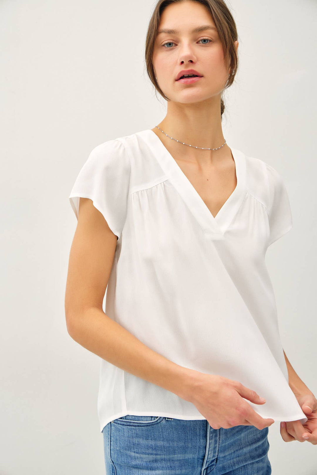 Women's Short Sleeve - FLOWY CAP SLEEVE V-NECK TOP - White - Cultured Cloths Apparel