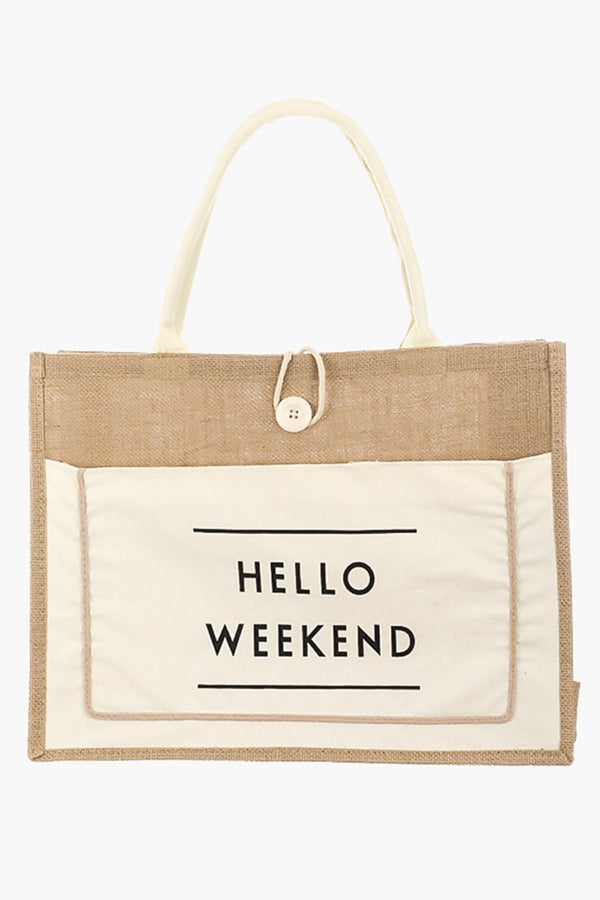 Handbags - Fame Hello Weekend Burlap Tote Bag - Ivory - Cultured Cloths Apparel