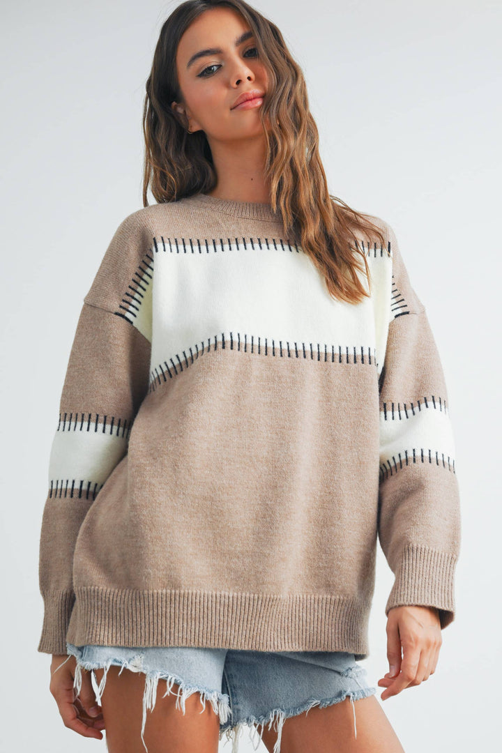 Women's Sweaters - COLOR BLOCK STRIPED CREW NECK SWEATER - - Cultured Cloths Apparel