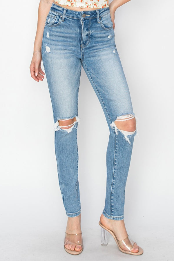 Denim - Risen Full Size High Rise Knee Distressed Skinny Jeans -  - Cultured Cloths Apparel