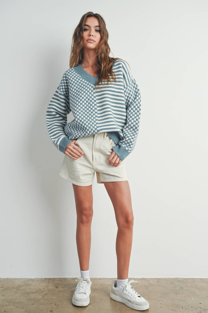 Women's Sweaters - FRENCHY CHECKER PATTERN DROP SHOULDER SWEATER - IVORY / BLUE - Cultured Cloths Apparel