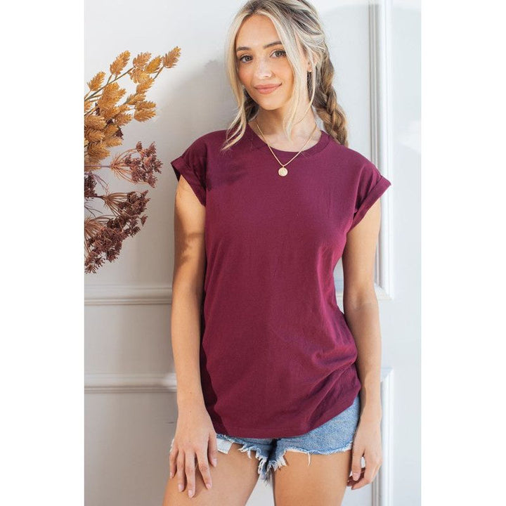 Women's Short Sleeve - Folded Cap Sleeve Basic Top - Wine - Cultured Cloths Apparel