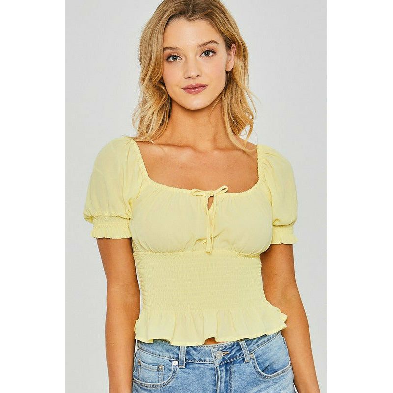 Women's Short Sleeve - Woven Solid Puff Sleeve Smocked Crop Top with Tie Front -  - Cultured Cloths Apparel