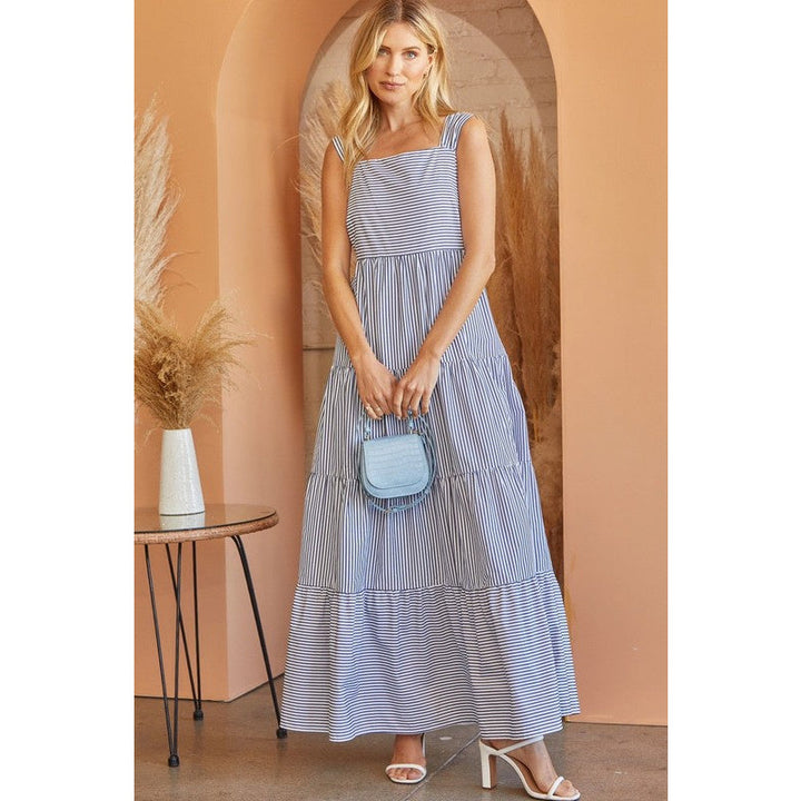 Women's Dresses - Striped Tiered Maxi Dress - Denim - Cultured Cloths Apparel