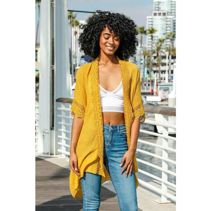 Outerwear - Scallop Lace Trim Kimono - Mustard - Cultured Cloths Apparel