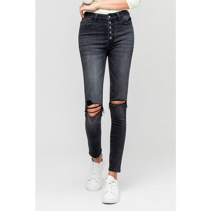 Denim - HIGH RISE DISTRESSED BUTTON FLY ANKLE SKINNY -  - Cultured Cloths Apparel