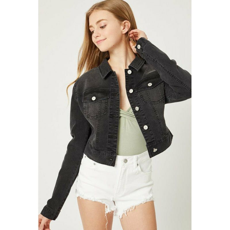 Outerwear - Stretch Cropped Denim Jacket - Black - Cultured Cloths Apparel