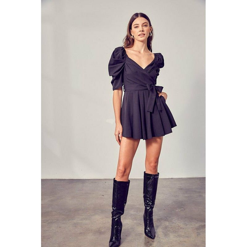 Women's Rompers - Wrap Front Side Tie Romper - BLACK - Cultured Cloths Apparel