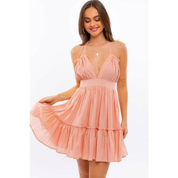 Women's Dresses - Halter Top Babydoll Tiered Mini Dress - APRICOT - Cultured Cloths Apparel