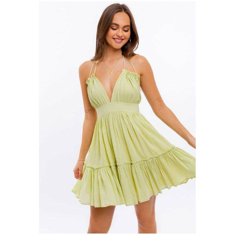 Women's Dresses - Halter Top Babydoll Tiered Mini Dress - PISTACHIO - Cultured Cloths Apparel