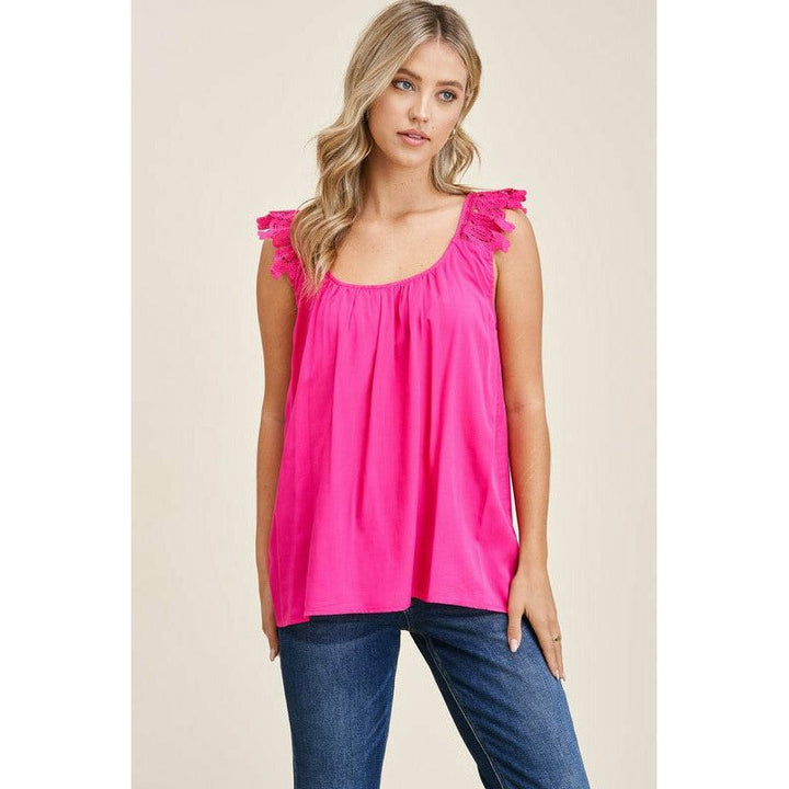 Women's Sleeveless - Double U Neck Lace Ruffled Strap Sleeveless Top -  - Cultured Cloths Apparel