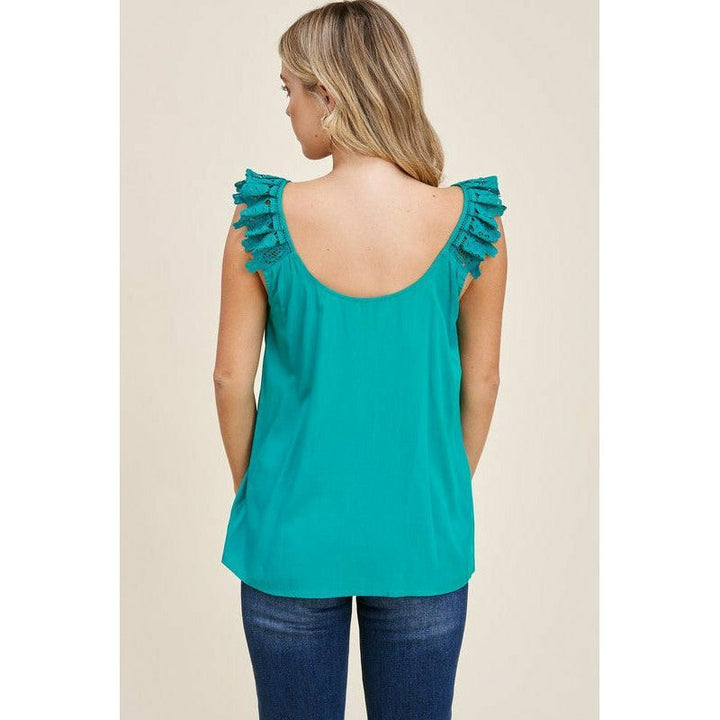 Women's Sleeveless - Double U Neck Lace Ruffled Strap Sleeveless Top -  - Cultured Cloths Apparel