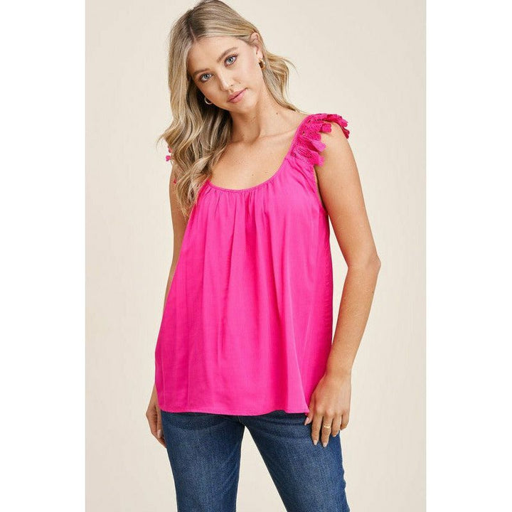 Women's Sleeveless - Double U Neck Lace Ruffled Strap Sleeveless Top -  - Cultured Cloths Apparel