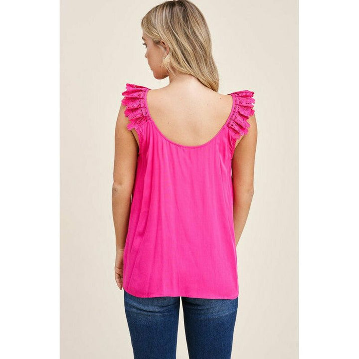 Women's Sleeveless - Double U Neck Lace Ruffled Strap Sleeveless Top -  - Cultured Cloths Apparel