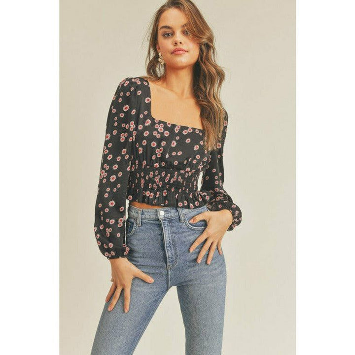 Women's Long Sleeve - Romantic Floral Print Square Neck Top -  - Cultured Cloths Apparel