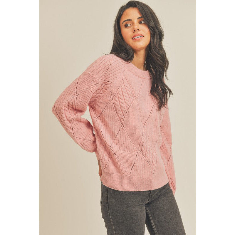 Women's Sweaters - Diamond Pattern Mixed Knit Sweater -  - Cultured Cloths Apparel