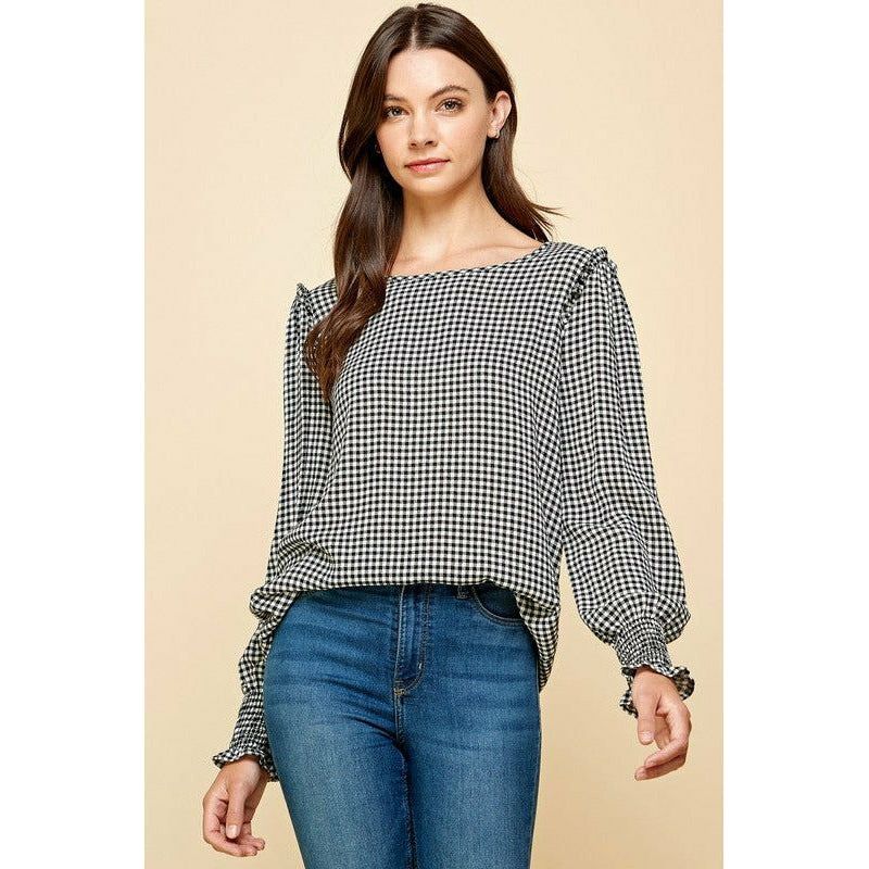 Women's Long Sleeve - Plaid Top With Smocked Sleeves Ruffled Shoulder - Black - Cultured Cloths Apparel