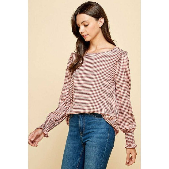 Women's Long Sleeve - Plaid Top With Smocked Sleeves Ruffled Shoulder -  - Cultured Cloths Apparel