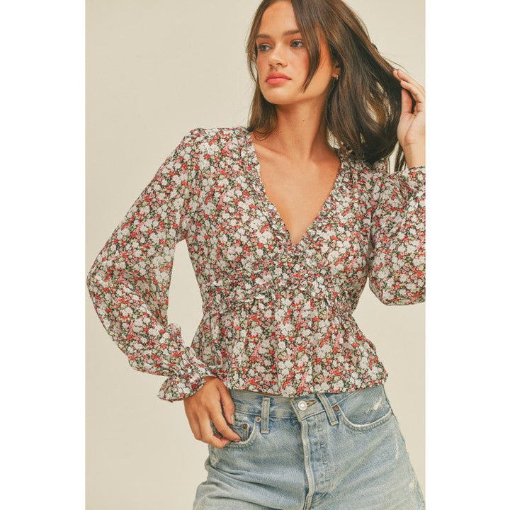 Women's Long Sleeve - Ruby Ruffles V Neckline Floral Print Top -  - Cultured Cloths Apparel