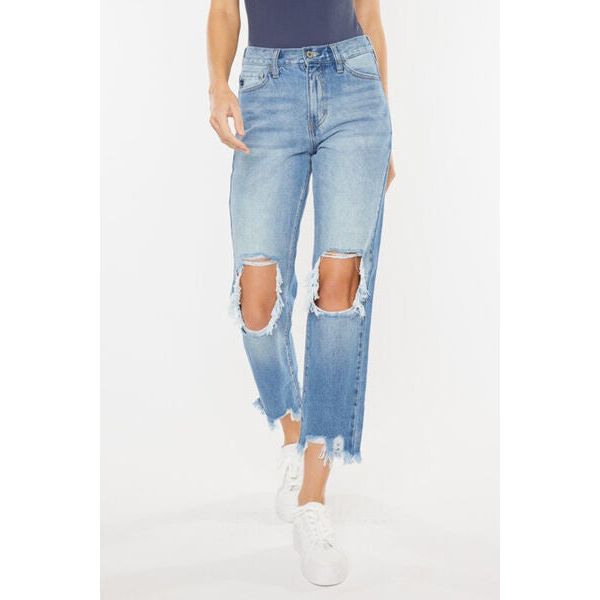 Denim - Kancan High Waist Chewed Up Straight Mom Jeans -  - Cultured Cloths Apparel