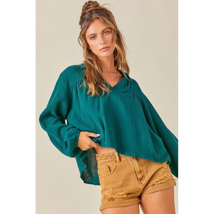 Women's Long Sleeve - Cotton Gauze Long Sleeve Blouse - Forest - Cultured Cloths Apparel