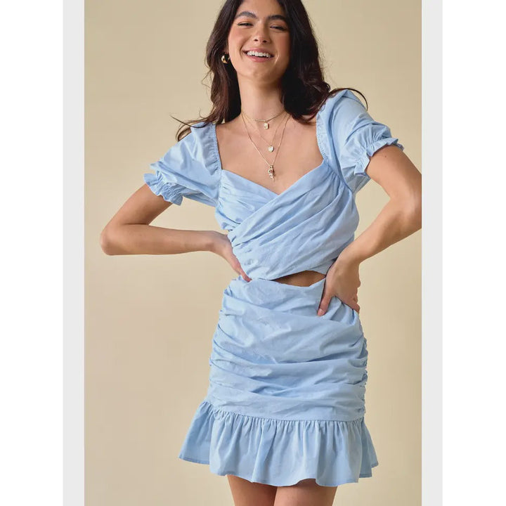 Women's Dresses - Half Sleeved Cut Out Ruffled Back Ribbon Dress - Blue - Cultured Cloths Apparel