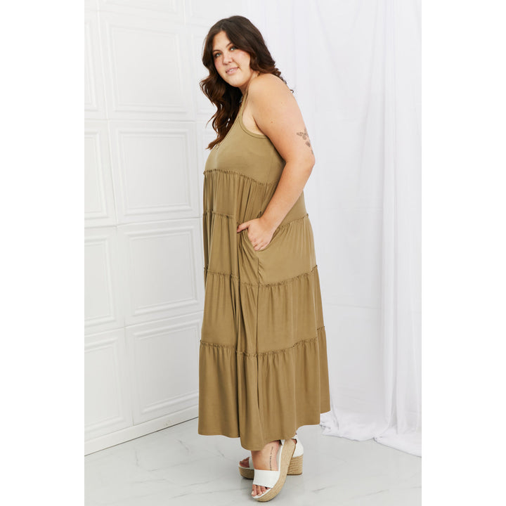 Women's Dresses - Zenana Full Size Spaghetti Strap Tiered Dress with Pockets in Khaki -  - Cultured Cloths Apparel