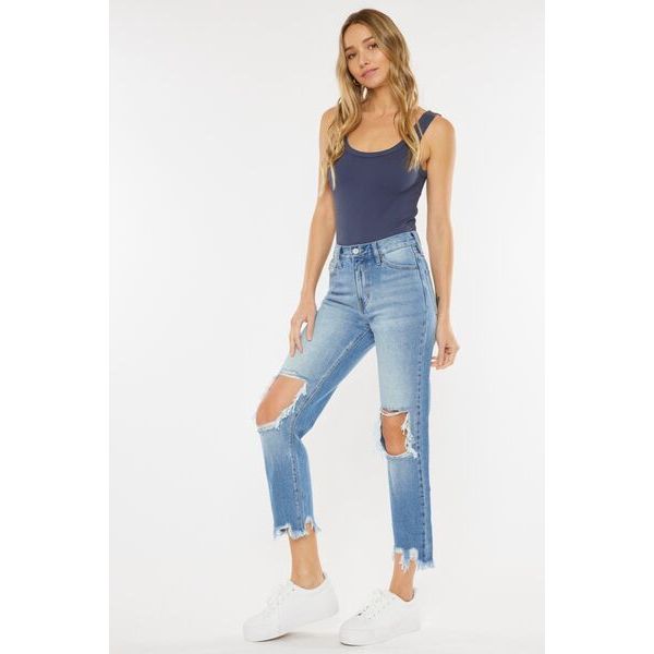 Denim - Kancan High Waist Chewed Up Straight Mom Jeans -  - Cultured Cloths Apparel