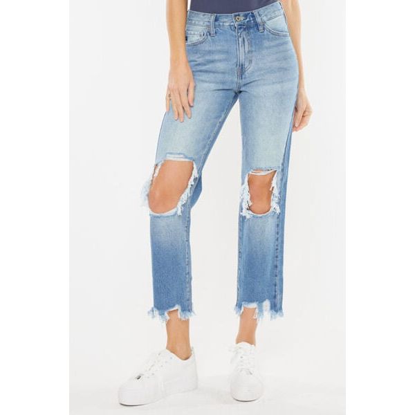 Denim - Kancan High Waist Chewed Up Straight Mom Jeans - Medium - Cultured Cloths Apparel