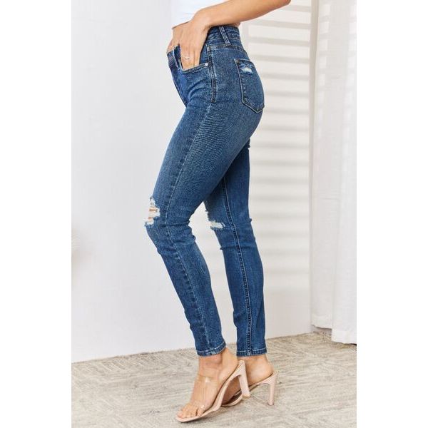 Denim - Judy Blue Full Size High Waist Distressed Slim Jeans -  - Cultured Cloths Apparel