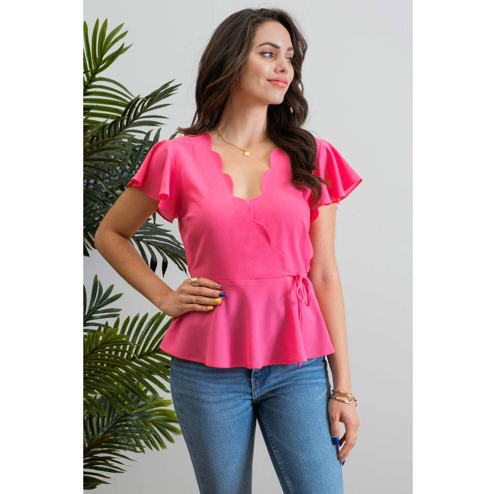 Women's Short Sleeve - Scalloped Surplice Woven Top -  - Cultured Cloths Apparel