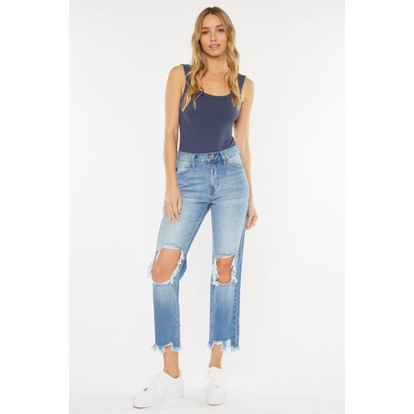 Denim - Kancan High Waist Chewed Up Straight Mom Jeans -  - Cultured Cloths Apparel