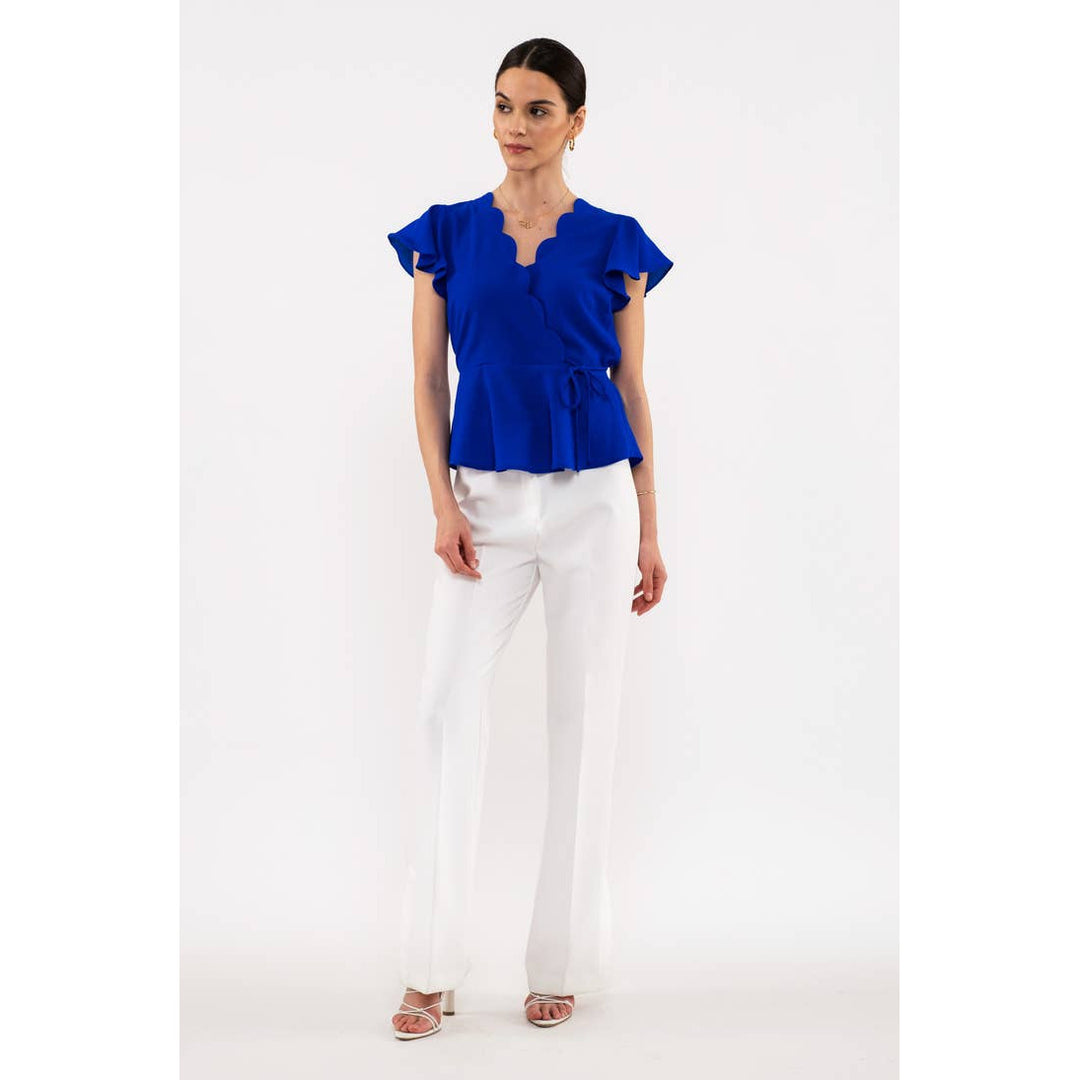 Women's Short Sleeve - Scalloped Surplice Woven Top - Royal Blue - Cultured Cloths Apparel