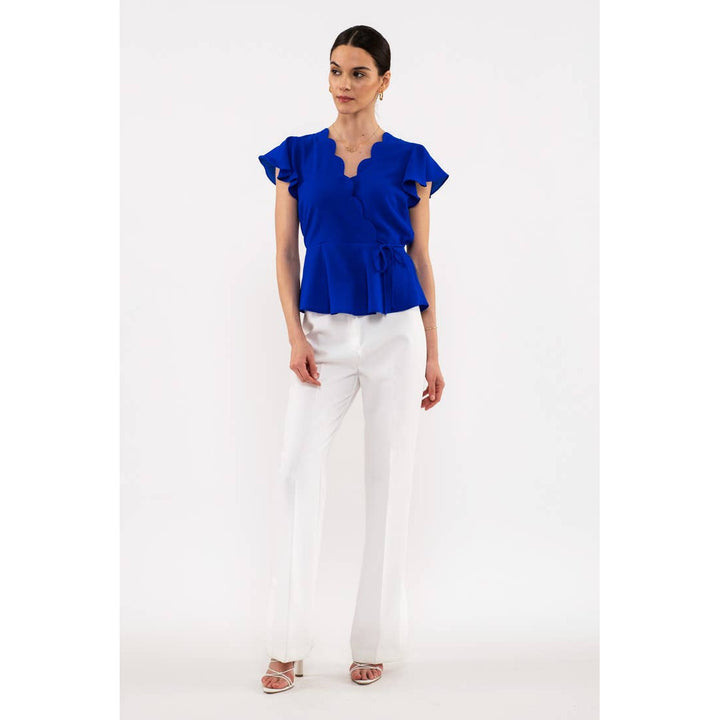 Women's Short Sleeve - Scalloped Surplice Woven Top - Royal Blue - Cultured Cloths Apparel