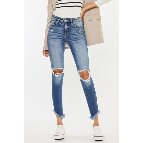 Denim - Kancan High Waist Distressed Raw Hem Ankle Skinny Jeans - Light - Cultured Cloths Apparel