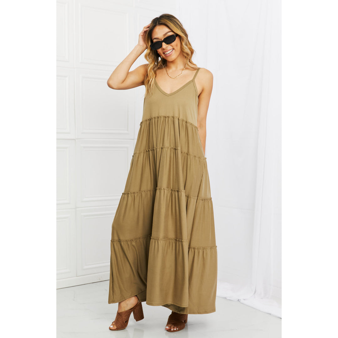 Women's Dresses - Zenana Full Size Spaghetti Strap Tiered Dress with Pockets in Khaki -  - Cultured Cloths Apparel