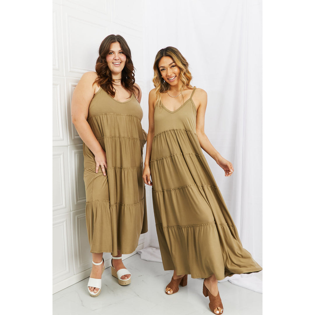 Women's Dresses - Zenana Full Size Spaghetti Strap Tiered Dress with Pockets in Khaki -  - Cultured Cloths Apparel