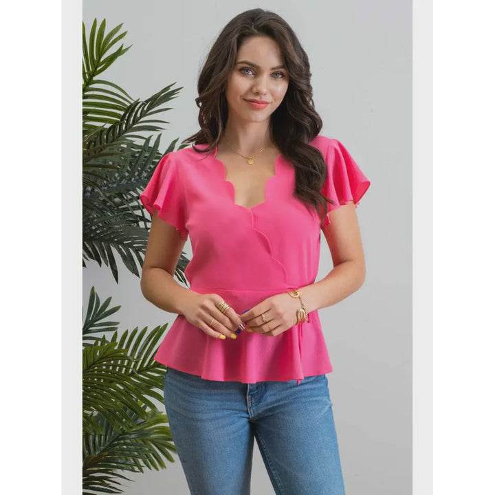 Women's Short Sleeve - Scalloped Surplice Woven Top - Light Fuchsia - Cultured Cloths Apparel