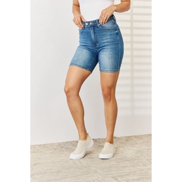 Women's Shorts - Judy Blue Full Size Tummy Control Double Button Bermuda Denim Shorts -  - Cultured Cloths Apparel